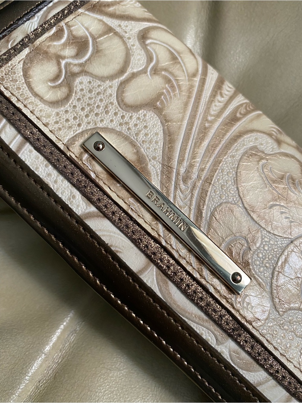 HTF Brahmin Bourdele Wallet in Cream/Gold/Taupe Scroll Embossed Leather